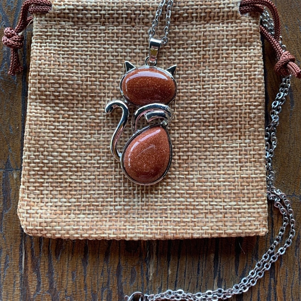 Crystal Cat Necklace | Kitty Cat Jewelry | Goldstone Necklace | Teen Gift